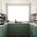 Green Kitchen Cabinets With White Tile Backsplash Window Blinds And Sink 3d model