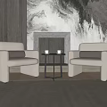 Casual Sofa Set With White Armchairs Small Coffee Table Black Fireplace And Marble Accent Wall