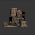 Rustic Household Storage Items Including Wooden Barrels Crates Hay Stacks And Sacks
