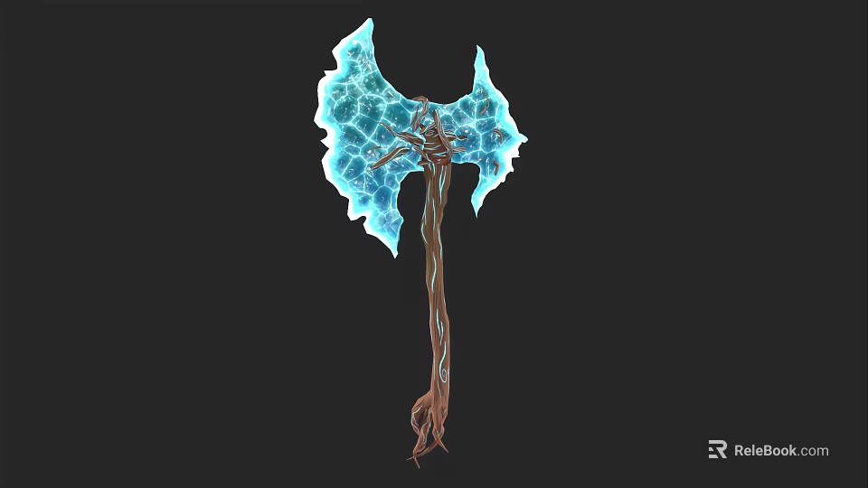 Blue Crystalline Axe Weapon With Wooden Handle And Glowing Edge Design 3d model 