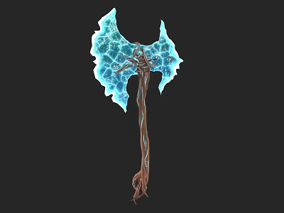 Blue Crystalline Axe Weapon With Wooden Handle And Glowing Edge Design 3d model