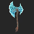 Blue Crystalline Axe Weapon With Wooden Handle And Glowing Edge Design