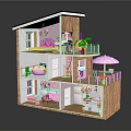 Cartoon Style Multi Level Dollhouse With Pink Interior Furniture Balcony Plants And Umbrella