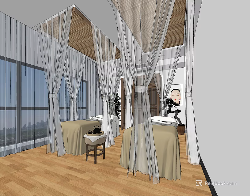 Luxury SPA Sauna Room with Massage Beds Beige Covers White Curtains Wooden Floor City View 3d model 