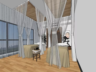 Luxury SPA Sauna Room with Massage Beds Beige Covers White Curtains Wooden Floor City View 3d model