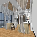 Luxury SPA Sauna Room with Massage Beds Beige Covers White Curtains Wooden Floor City View