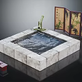 Traditional Garden Feature With Square Stone Pool Bamboo Screen And Fountain Spout