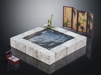 Traditional Garden Feature With Square Stone Pool Bamboo Screen And Fountain Spout 3d model