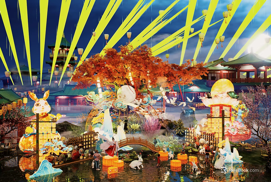 Scenic Photo Spot With Yellow Lights Red Maple Tree Rabbit Decorations And Traditional Architecture 3d model 