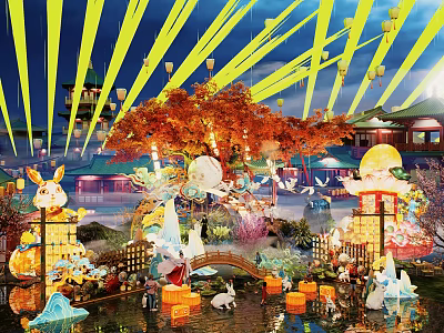 Scenic Photo Spot With Yellow Lights Red Maple Tree Rabbit Decorations And Traditional Architecture 3d model
