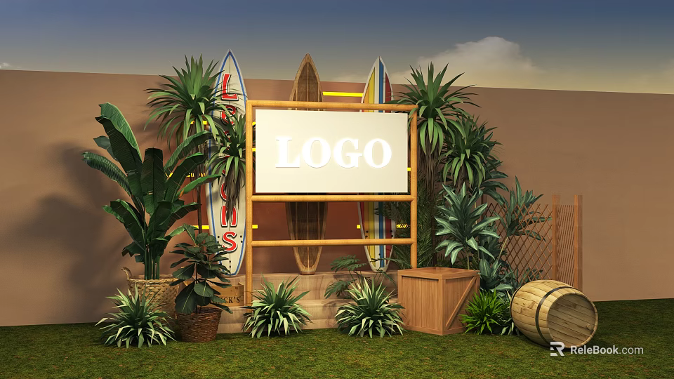 Outdoor Logo Display Scene With Surfboards Palm Plants Wooden Barrel Crate And Grass 3d model 