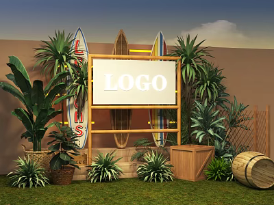 Outdoor Logo Display Scene With Surfboards Palm Plants Wooden Barrel Crate And Grass 3d model
