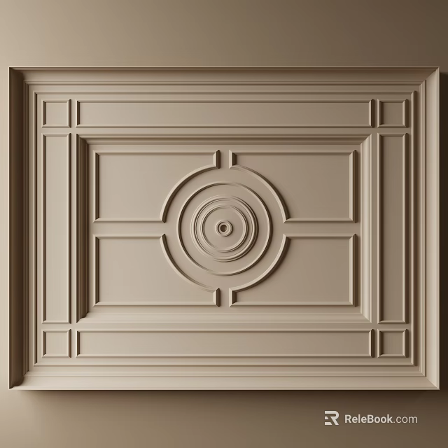 Classic Beige Decorative Ceiling With Circular Ornamental Pattern And Recessed Panels 3d model