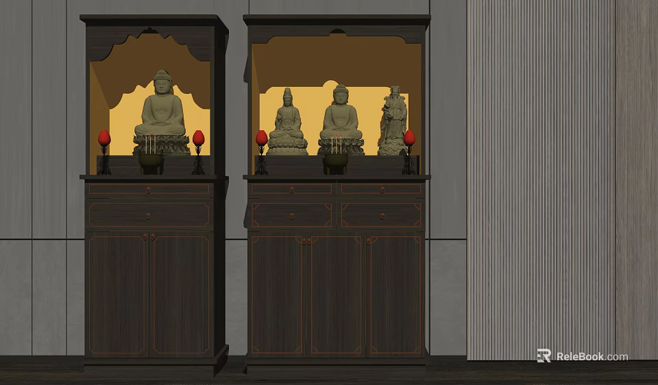 Dark Wooden Traditional Chinese Buddhist Shrine Cabinets With Buddha Statues And Red Ornaments 3d model 