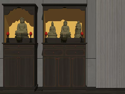 Dark Wooden Traditional Chinese Buddhist Shrine Cabinets With Buddha Statues And Red Ornaments 3d model