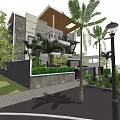 Modern Detached Villa Exterior With Palm Trees Brick Driveway Garage And Greenery