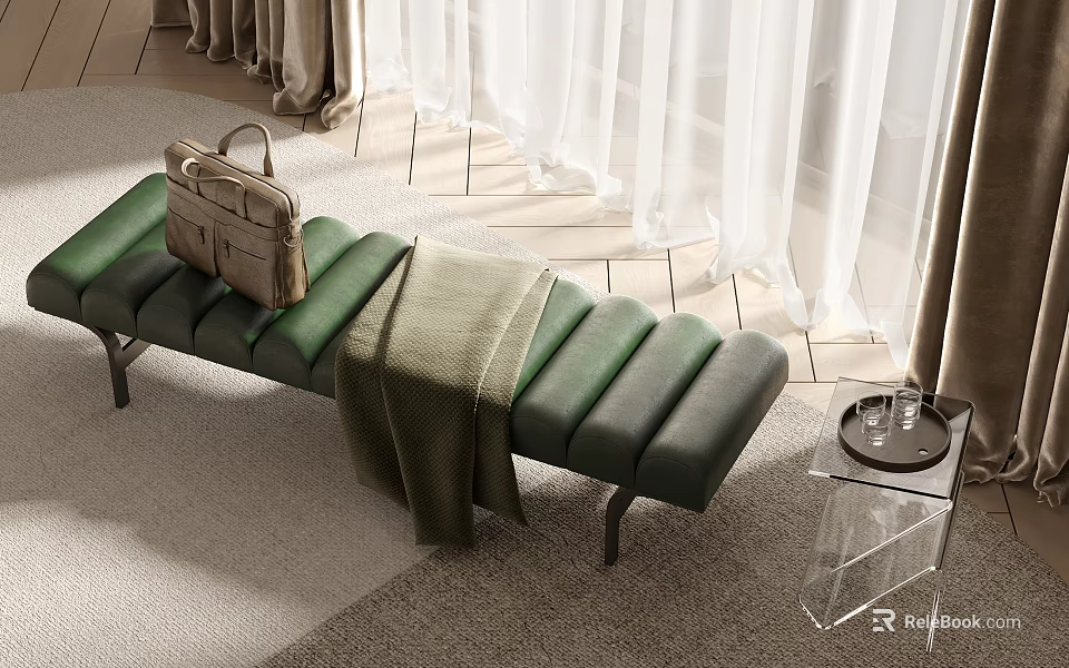 Green Ottoman Featuring Brown Bag Green Blanket White Curtains And Transparent Table With Glasses 3d model 