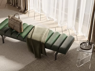 Green Ottoman Featuring Brown Bag Green Blanket White Curtains And Transparent Table With Glasses 3d model