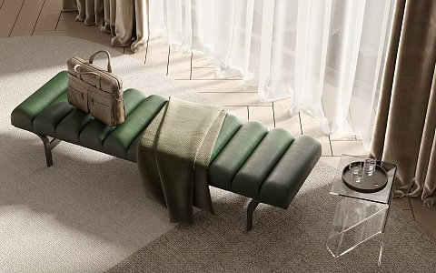 Modern Bed End Stool Bed End Stool Carpet Wood Floor Curtain Gauze Curtain 3d model