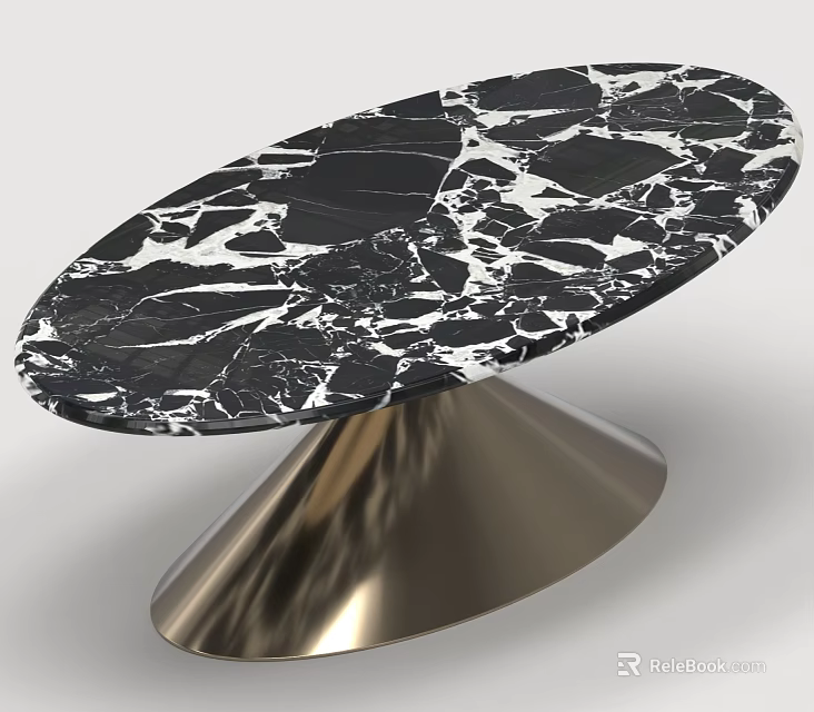 Modern Luxury Oval Black White Marble Coffee Table For Sofa Combination With Polished Brass Base 3d model 