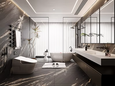 Modern Bathroom Interior Design With Marble Walls Floors Bathtub Toilet Vanity And Mirrors 3d model
