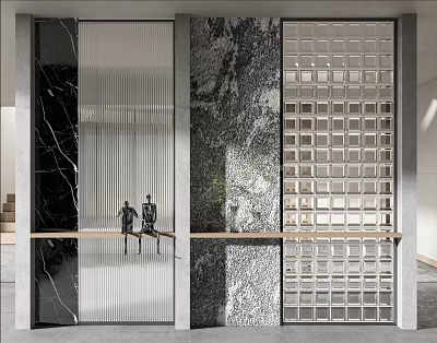 Modern Interior Partition Design With Glass Stripes Stone Texture Grid Patterns And Wooden Bench 3d model