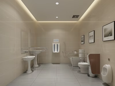 Clean Public Toilet With Tile Walls Washbasins Mirrors Toilets And Wall Paintings 3d model