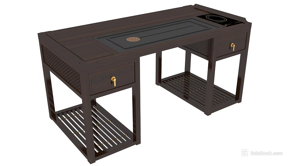 Dark Wood Tea Table with Drawers Open Shelves and Tea Tray Design 3d model 