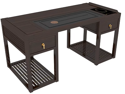 Dark Wood Tea Table with Drawers Open Shelves and Tea Tray Design 3d model