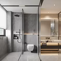 Modern Bathroom Interior Design With Gray Marble Walls Glass Shower Vanity And Toilet