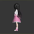 Cute Child With Long Black Hair Wearing White Top Pink Dress And Cat Ear Accessories