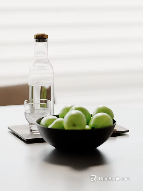 Green Apples In Black Bowl With Clear Glass Bottle And Cup On White Table Trays 3d model 