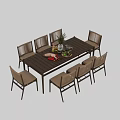 Wooden Outdoor Table with Eight Rattan Chairs and Decorative Centerpieces for Garden Patio
