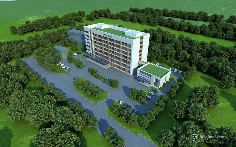 Aerial Planning of Modern Building with Green Trees and Parking Areas 3d model 