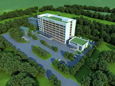Aerial Planning of Modern Building with Green Trees and Parking Areas 3d model