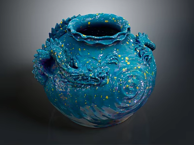 Blue Ceramic Vase Sculpture With Intricate Dragon Carving Yellow Speckles And Spiral Patterns 3d model