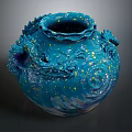 Blue Ceramic Vase Sculpture With Intricate Dragon Carving Yellow Speckles And Spiral Patterns