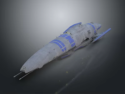 Gray Spaceship 3D Model Featuring Blue Stripes And Wing Like Structure In Space 3d model