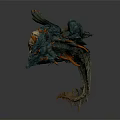 Mythical 3D Dragon Creature with Horns Sharp Teeth and Blue Spikes in Fierce Pose
