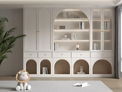 Modern White Decorative Cabinet With Arched Open Shelves Glass Doors And Decorative Items 3d model