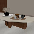 Modern Minimalist Coffee Table With Oval Top Wooden Legs And Tray Holding Vase Cups