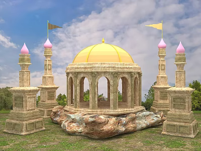 Landscape Pavilion Featuring Golden Dome Pink Spires Arched Doors and Large Rock Under Blue Sky 3d model