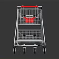 Empty Shopping Cart With Red Handles And Metal Frame On Reflective Surface