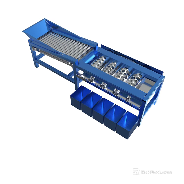 Blue Industrial Sorting Machine With Conveyor Belt Metal Rollers And Collection Bins 3d model
