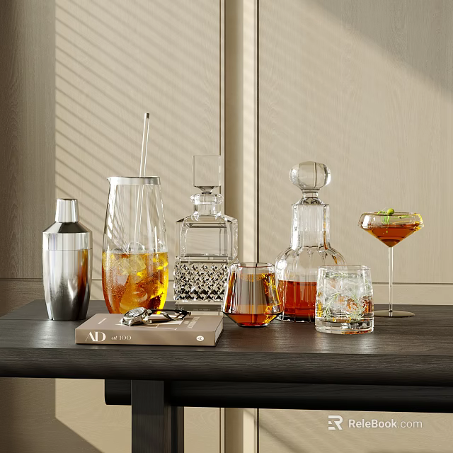 Elegant Wine Bottles And Glasses With Bar Tools On Table 3d model 