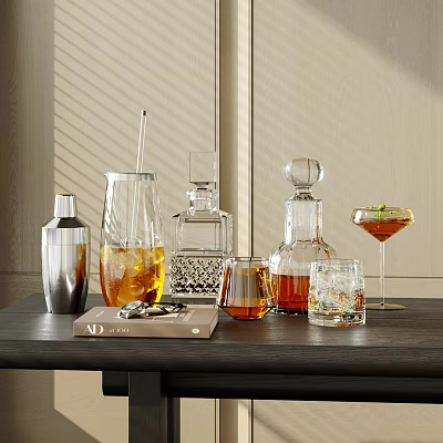 Elegant Wine Bottles And Glasses With Bar Tools On Table 3d model