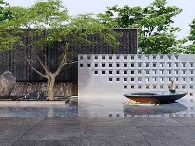 Contemporary Stone Garden Wall with Grid Cutouts Green Trees Stone Pavement and Water Pool 3d model