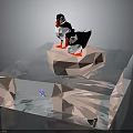 Low Poly Style Two Puffins Standing On Ice Block With Small Fish Below 3d model