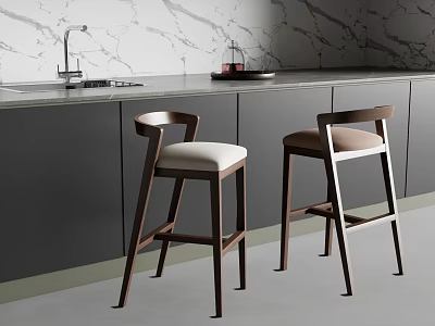 Modern Kitchen Bar Stools With Wooden Frame White Seat And Dark Cabinets By Marble Countertop 3d model