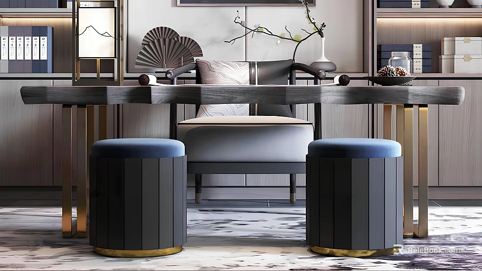 Traditional Chinese Study Room Interior With Wooden Desk Blue Stools And Decorative Fan 3d model 